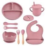 BPA Free Silicone Toddler Feeding Set Baby Dinner Bib Cup Spoon Cutlery Suction Plate Dishware Kids Dining Mealtime Accessory